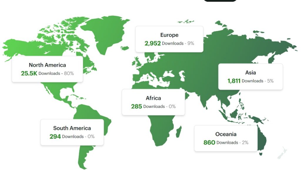 <b>Figure 5.</b> Map of <i>Veterinary Vertex</i>® podcast downloads as of July 2024.